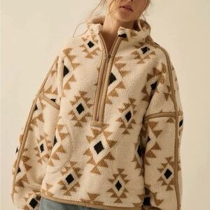 Cozy Aztec Sherpa Pullover - Cream & Tan